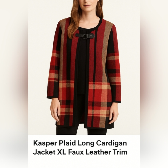 Kasper Red Black Plaid Long Cardigan Jacket Faux Leather Trim Size XL - Picture 1 of 7